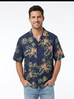 Cotton Traders Sport Men's Navy Tropical Floral Camp Collar Button-Down Shirt M